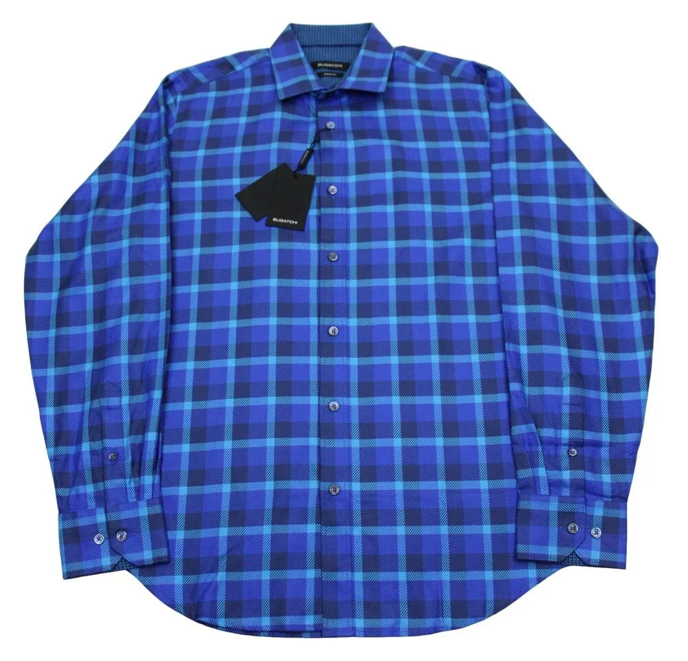 Bugatchi Uomo Shirt Mens M Classic Fit Cotton Blue Plaid Long Sleeve